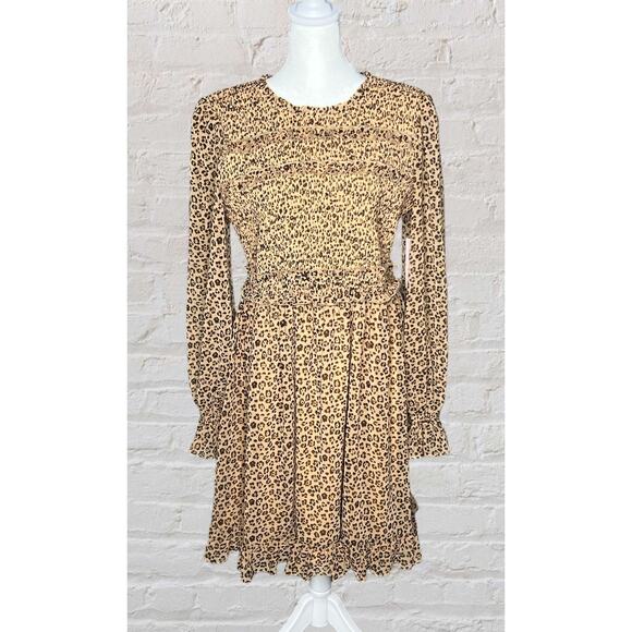 NWT! RACHEL PARCELL Tan Animal Floral Long Sleeve‎ Fit & Fit Dress Sz Large - Picture 1 of 6